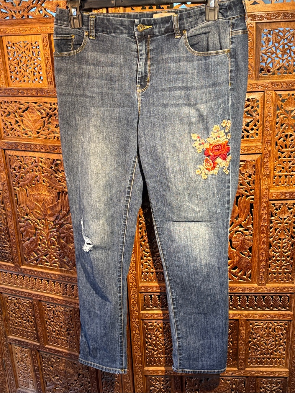 Chico's Blue Straight-Leg Jeans with Floral Embroidery